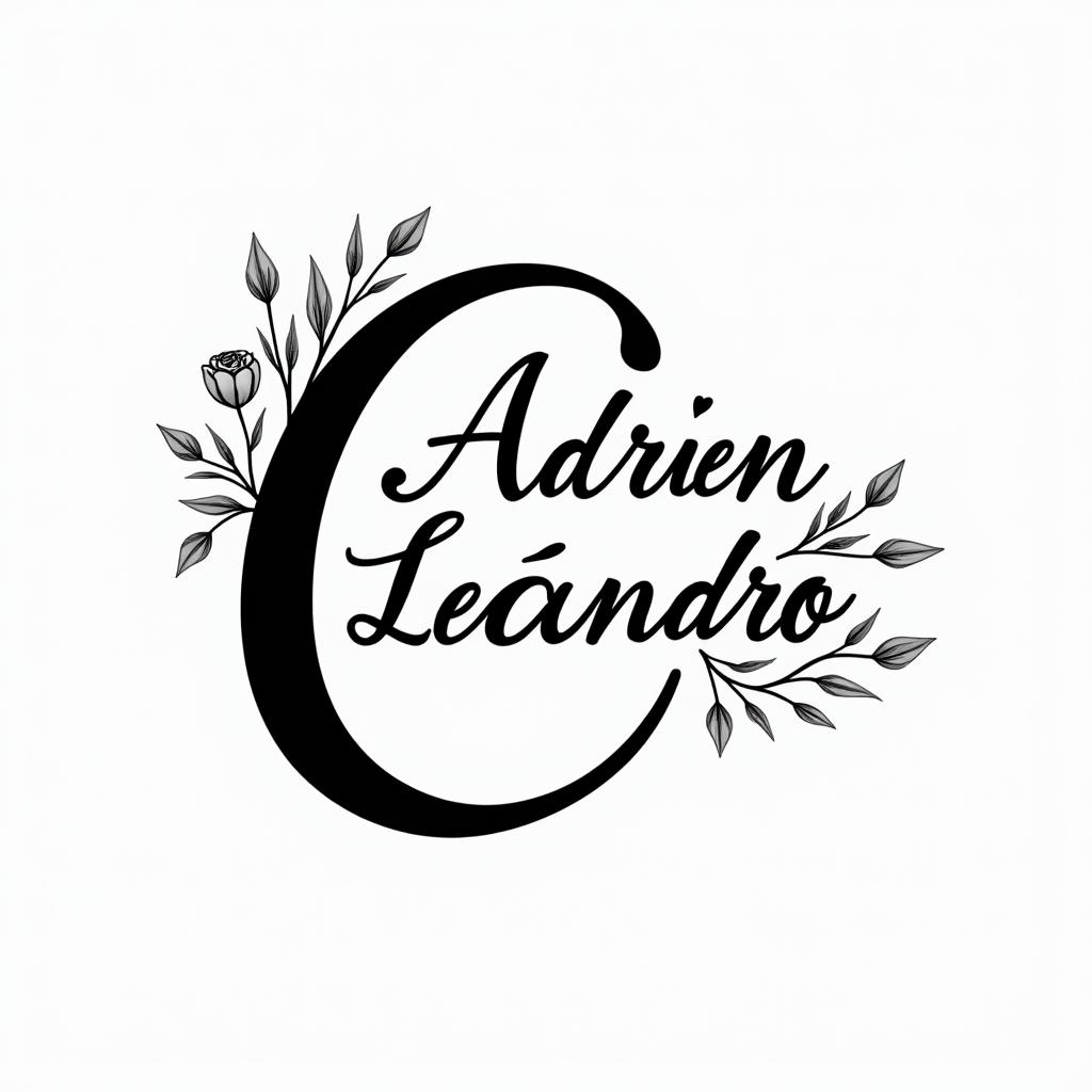 I want a simple uppercase C without too much detail, with the names Adrien, Andréa, and Leandro inside, in black and white, feminine and simple.in elegant cursive calligraphy style 2d tattoo, decorate with roses, featuring a smooth and flowing handwritten script with slightly thickened strokes for a luxurious and bold appearance, heart symbol between names, sleek and glossy black text with shadowing, minimalist matte white background, clean and sharp edges, illuminated with soft lighting, romantic, 8k, high-quality textures with refined typography - Variation 3