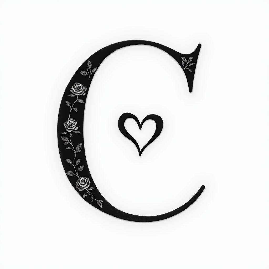 I want a simple uppercase C without too much detail, with the names Adrien, Andréa, and Leandro inside, in black and white, feminine and simple.in elegant cursive calligraphy style 2d tattoo, decorate with roses, featuring a smooth and flowing handwritten script with slightly thickened strokes for a luxurious and bold appearance,  heart symbol between names,  sleek and glossy black text with shadowing, minimalist matte white background, clean and sharp edges, illuminated with soft lighting, romantic, 8k, high-quality textures with refined typography