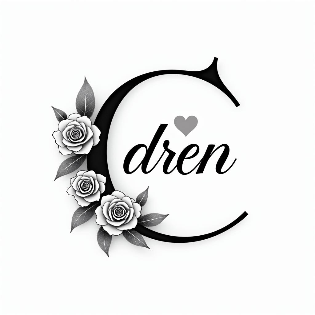 I want a simple uppercase C without too much detail, with the names Adrien, Andréa, and Leandro inside, in black and white, feminine and simple.in elegant cursive calligraphy style 2d tattoo, decorate with roses, featuring a smooth and flowing handwritten script with slightly thickened strokes for a luxurious and bold appearance, heart symbol between names, sleek and glossy black text with shadowing, minimalist matte white background, clean and sharp edges, illuminated with soft lighting, romantic, 8k, high-quality textures with refined typography - Variation 2