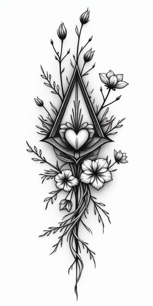 Assassins creed mixed with flowers, thorns, vines and bloodin Modest style tattoo, featuring soft, delicate line work with simple and meaningful symbols, gentle waves, a heart, evoking a sense of serenity and grace,