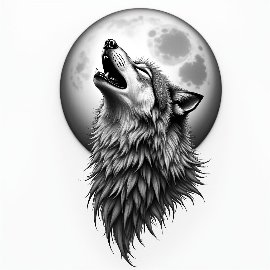 Howling wolf under a full moonhigly detailed tattoo - Variation 13