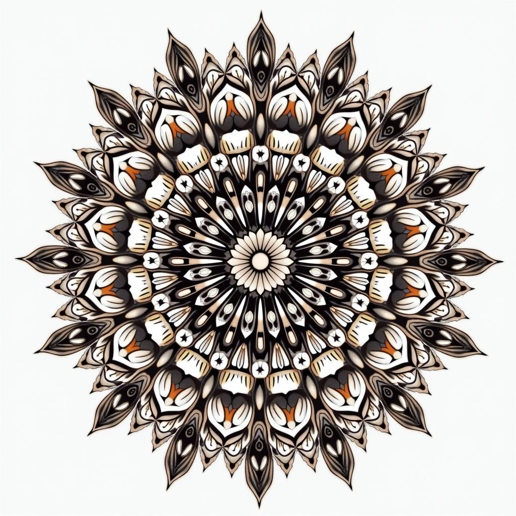 Nichole Farrell, 18/08/1988, Leoin dotwork style tattoo, complex mandala patterns, interlocking geometric shapes with sharp symmetry, clean lines, sharp angles - Variation 2