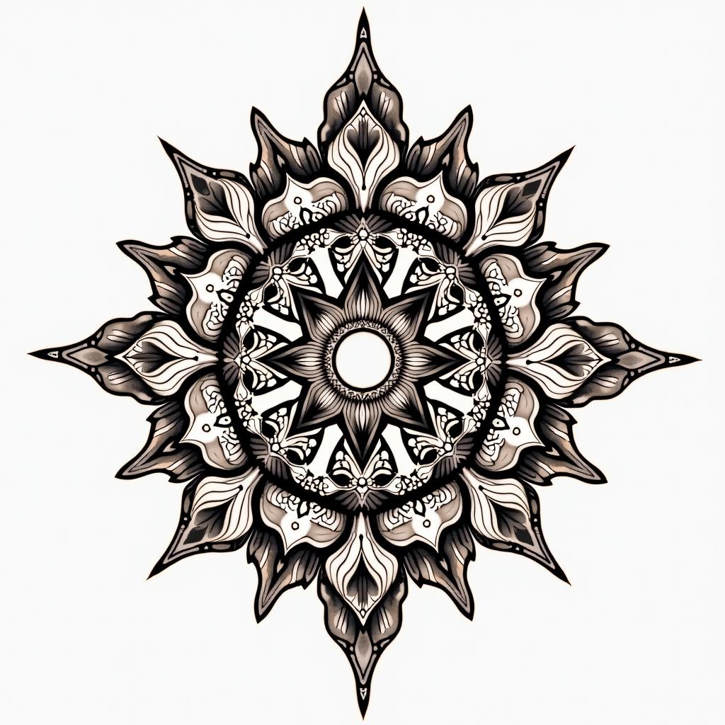 Nichole Farrell, 18/08/1988, Leoin dotwork style tattoo, complex mandala patterns, interlocking geometric shapes with sharp symmetry, clean lines, sharp angles - Variation 3