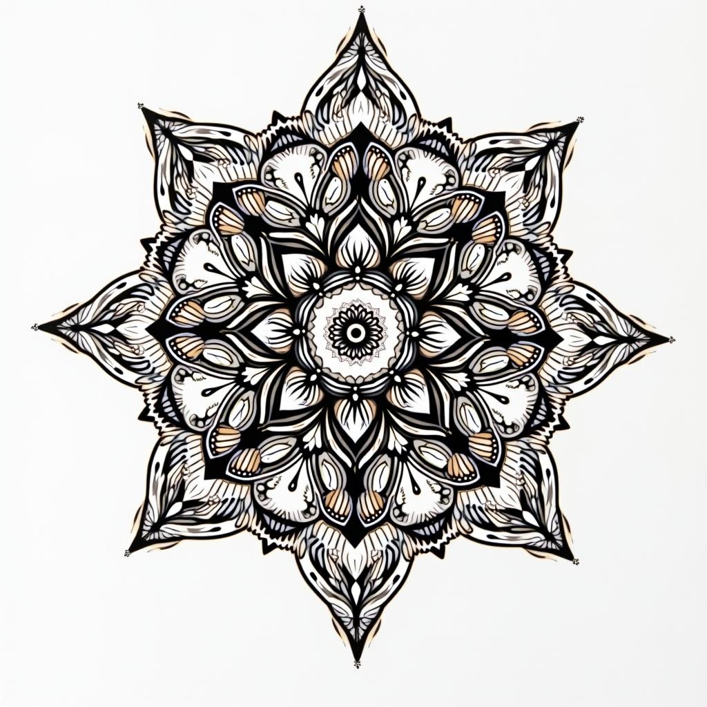 Nichole Farrell, 18/08/1988, Leoin dotwork style tattoo, complex mandala patterns, interlocking geometric shapes with sharp symmetry, clean lines, sharp angles