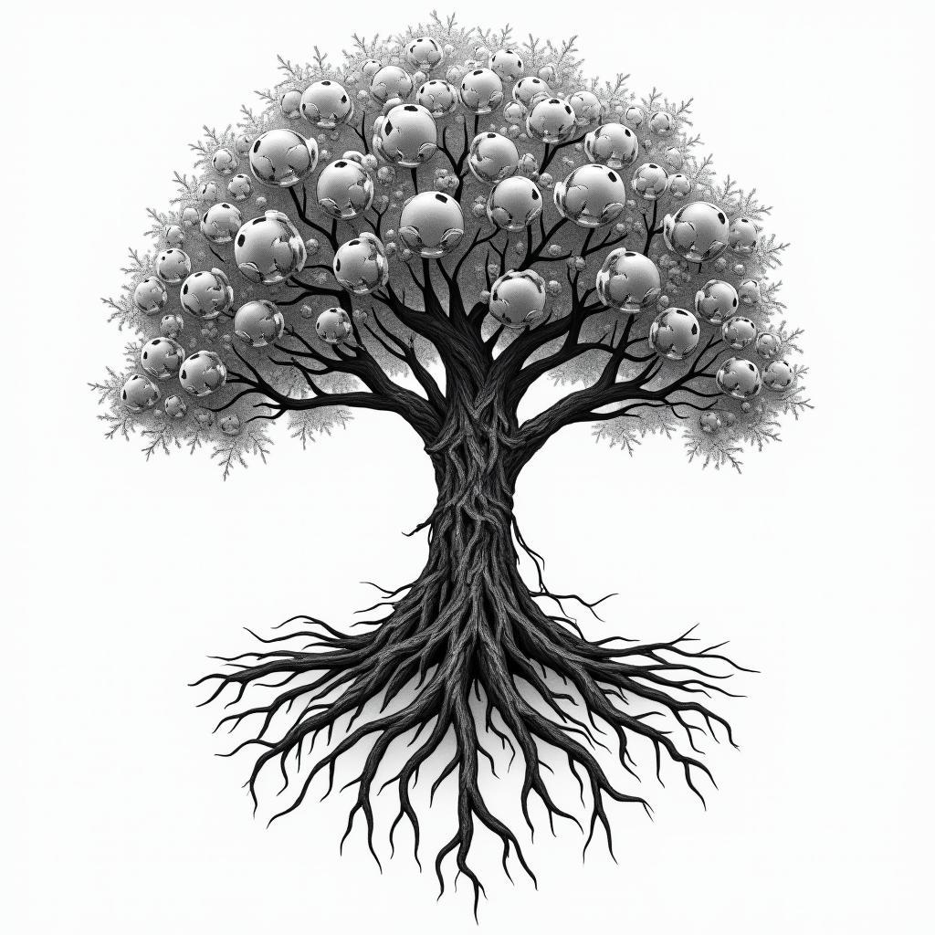 Tree of Life with Roots and Branchestattoo in biomechanic style, the tattoo covered by robotic elements of futuristic cyberpunk design, robotic features detail, showcasing intricate mechanical components