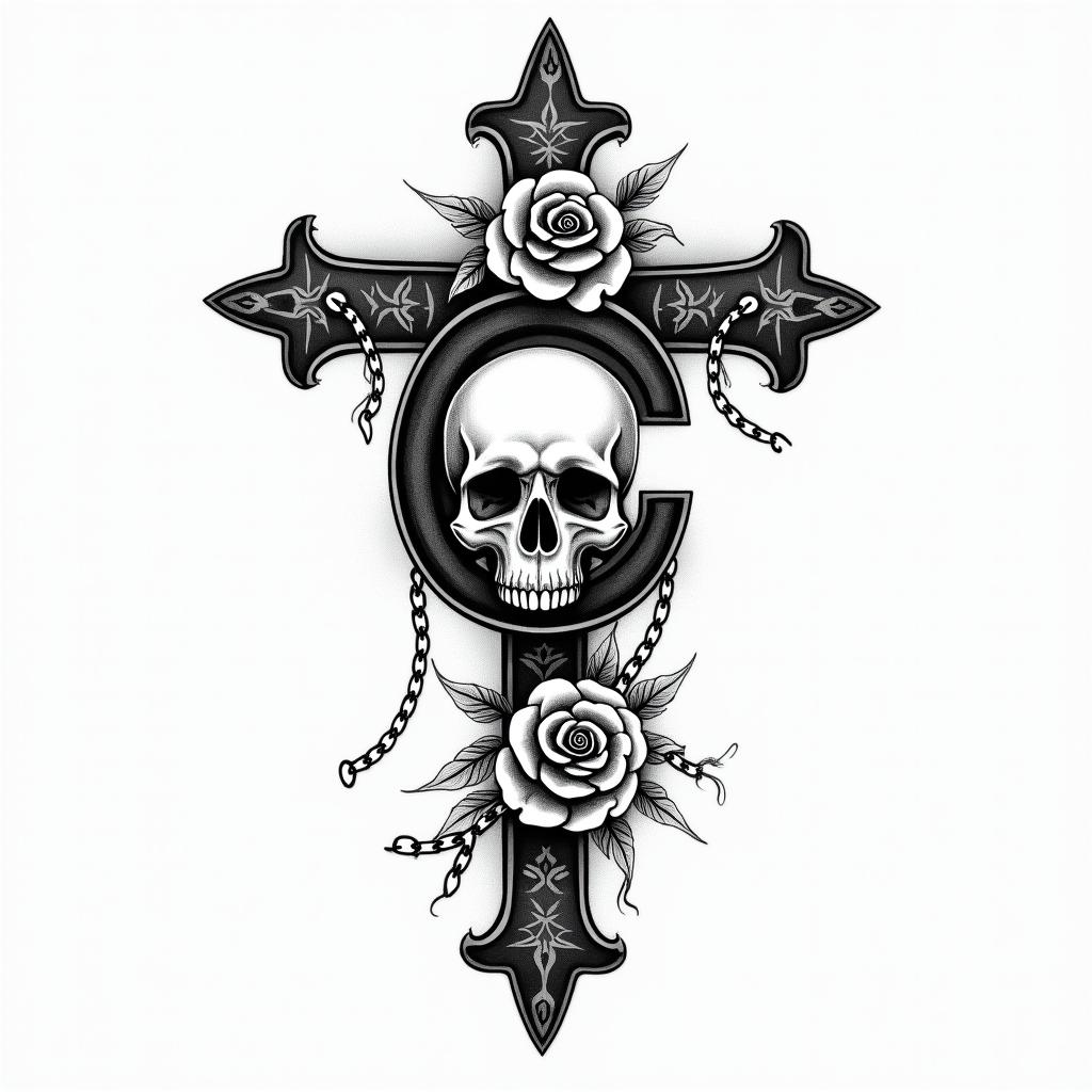 I want a simple uppercase C without too much detail with the names Adrien, Andréa, and Leandro inside, in black and white, feminine and simple.in chicano style tattoo, featuring intricate black and grey shading, bold elements of traditional chicano culture symbols, add a big cross with skull, chains and roses - Variation 4