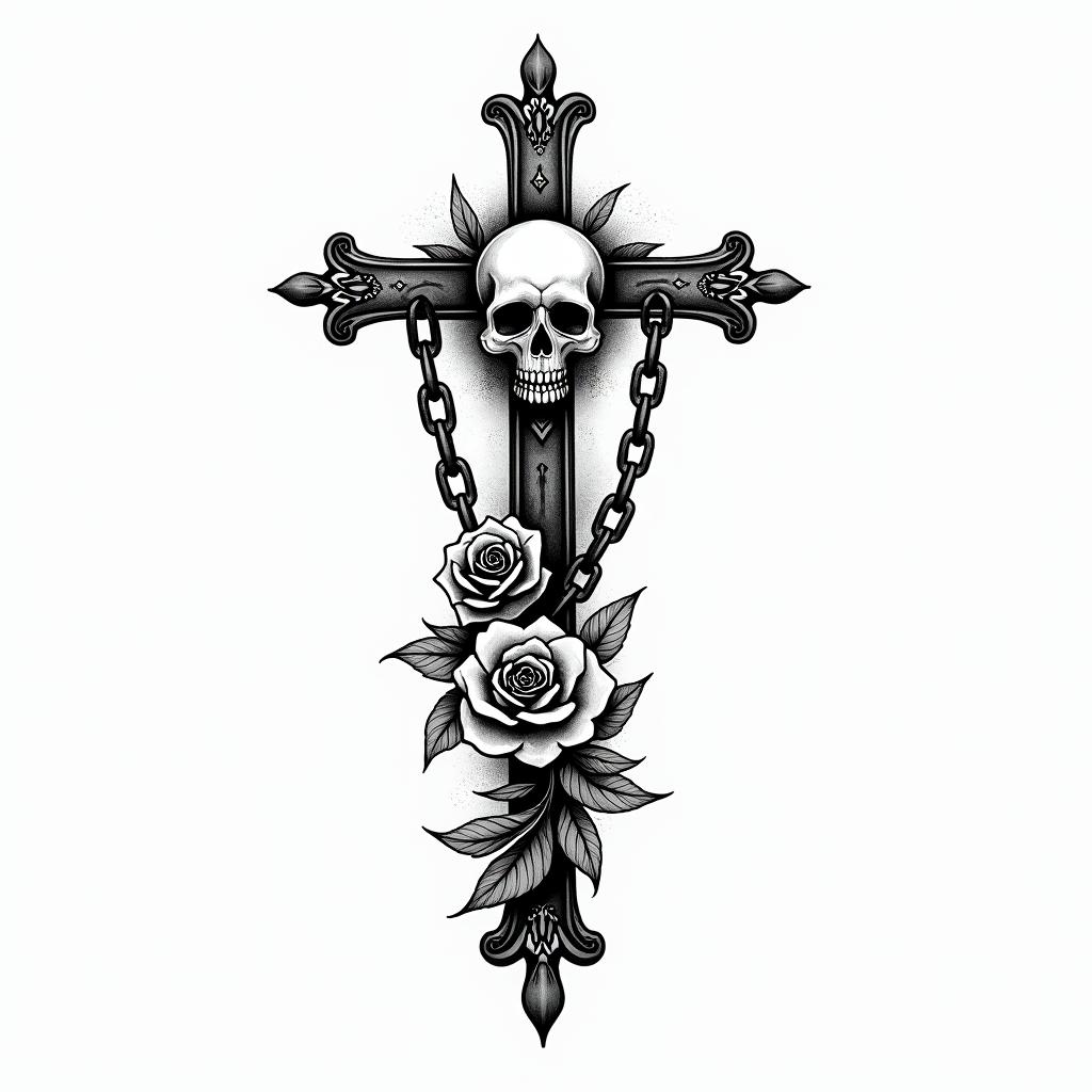 I want a simple uppercase C without too much detail with the names Adrien, Andréa, and Leandro inside, in black and white, feminine and simple.in chicano style tattoo, featuring intricate black and grey shading, bold elements of traditional chicano culture symbols, add a big cross with skull, chains and roses