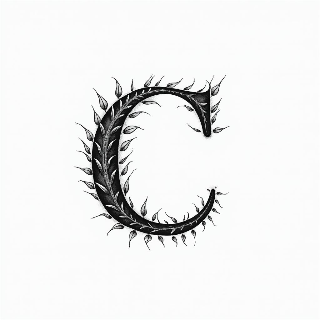 I want a simple uppercase C without too much detail with the names Adrien, Andréa, and Leandro inside, in black and white, feminine and simple.higly detailed tattoo