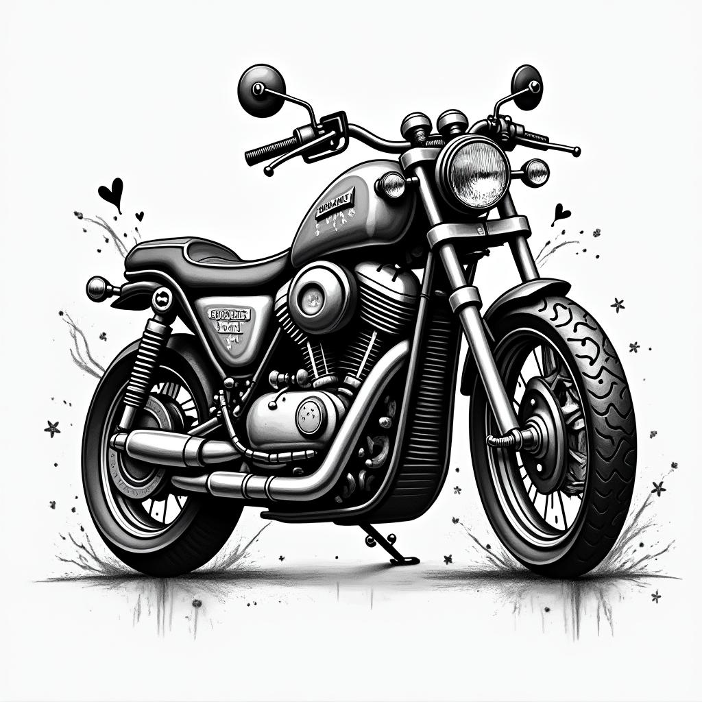 Motorcyclein graffiti style tattoo, featuring bold and dynamic street art elements, spray-paint texture with exaggerated lines and expressive, chaotic brushstrokes, intricate lettering incorporated with graffiti tags, symbols like hearts, stars, and wings - Variation 2