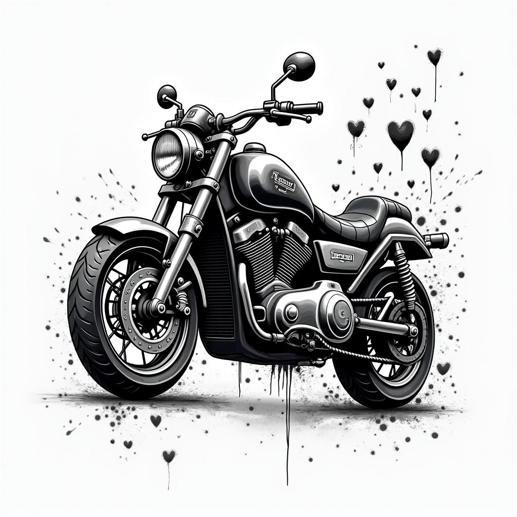 Motorcyclein graffiti style tattoo, featuring bold and dynamic street art elements, spray-paint texture with exaggerated lines and expressive, chaotic brushstrokes, intricate lettering incorporated with graffiti tags, symbols like hearts, stars, and wings