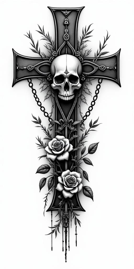 Assassins creed mixed with flowers, thorns, vines and bloodin chicano style tattoo, featuring intricate black and grey shading, bold elements of traditional chicano culture symbols, add a big cross with skull, chains and roses