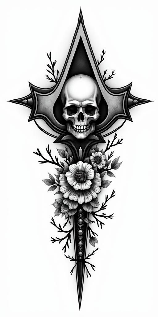 Assassins creed mixed with flowers, thorns, vines and bloodin chicano style tattoo, featuring intricate black and grey shading, bold elements of traditional chicano culture symbols, add a big cross with skull, chains and roses - Variation 2