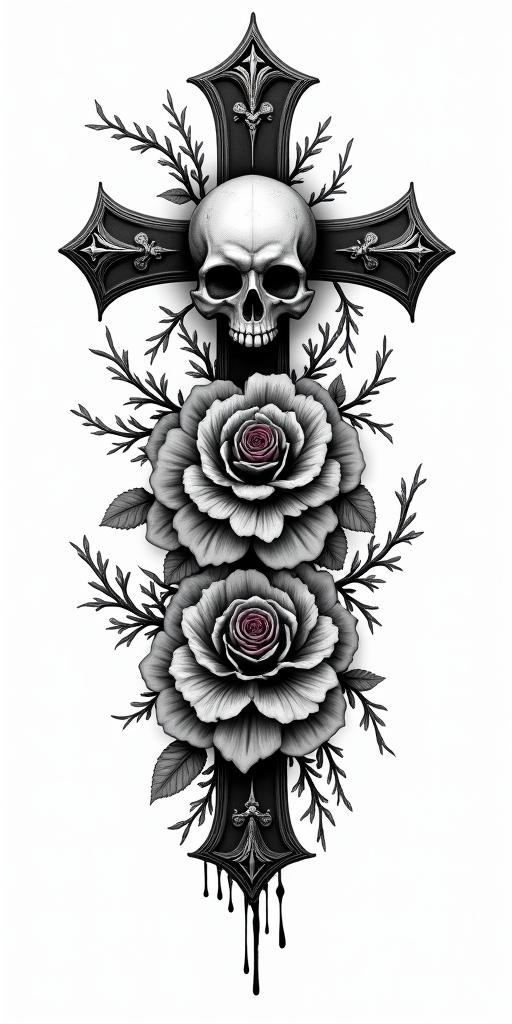 Assassins creed mixed with flowers, thorns, vines and bloodin chicano style tattoo, featuring intricate black and grey shading, bold elements of traditional chicano culture symbols, add a big cross with skull, chains and roses - Variation 3