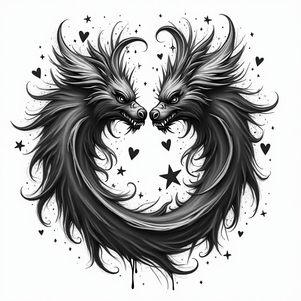 Yin fights against yangin graffiti style tattoo, featuring bold and dynamic street art elements, spray-paint texture with exaggerated lines and expressive, chaotic brushstrokes, intricate lettering incorporated with graffiti tags, symbols like hearts, stars, and wings - Variation 3