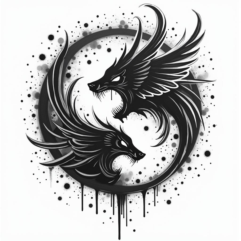 Yin fights against yangin graffiti style tattoo, featuring bold and dynamic street art elements, spray-paint texture with exaggerated lines and expressive, chaotic brushstrokes, intricate lettering incorporated with graffiti tags, symbols like hearts, stars, and wings - Variation 4