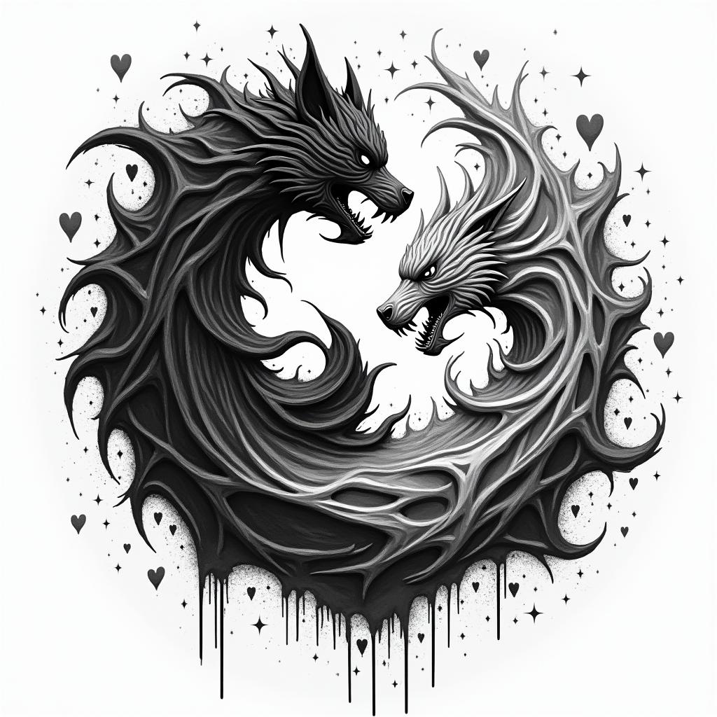 Yin fights against yangin graffiti style tattoo, featuring bold and dynamic street art elements, spray-paint texture with exaggerated lines and expressive, chaotic brushstrokes, intricate lettering incorporated with graffiti tags, symbols like hearts, stars, and wings