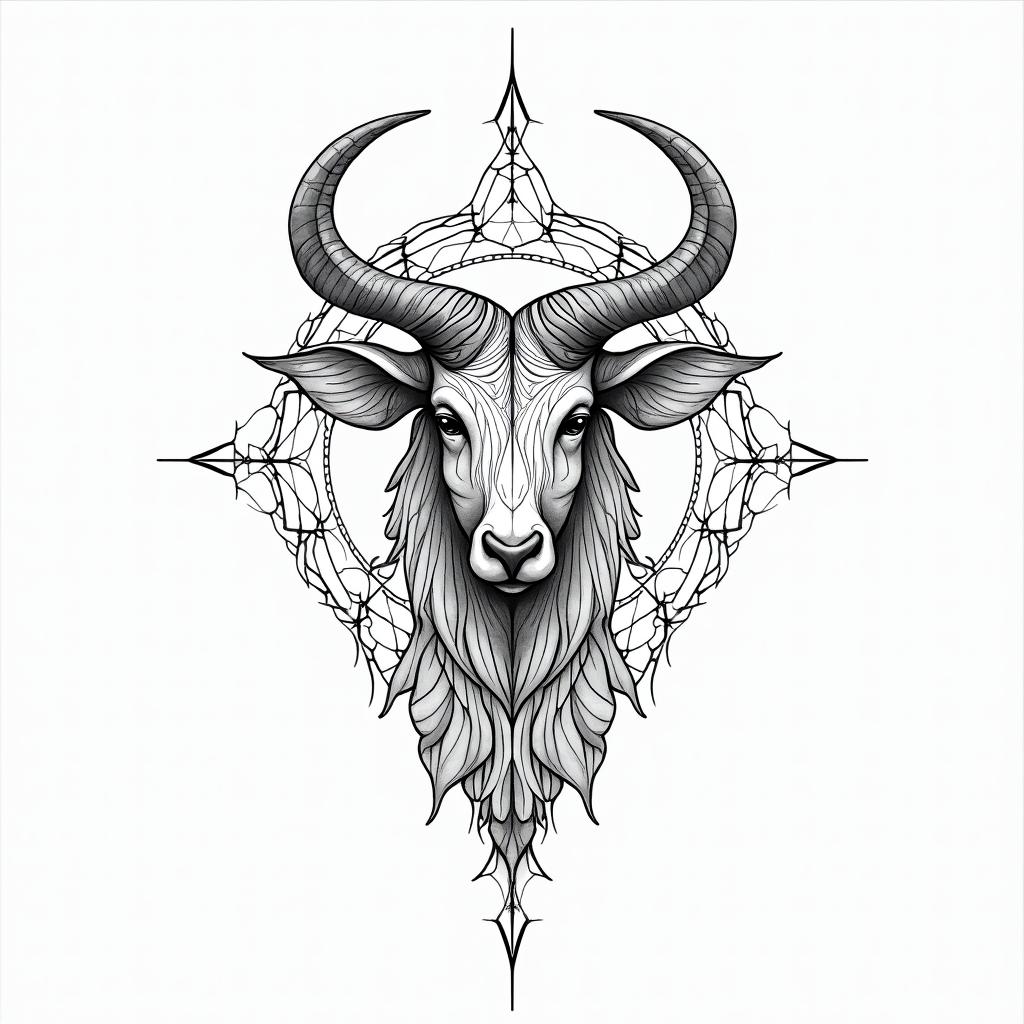 Beautiful and feminine line tattoo for family zodiac signs that include Taurus, Aries, Virgo and Gemini in geometric style tattoo, blending hexagons, mandala-inspired patterns, symmetrical and fractal design, clean lines, sharp angles - Variation 4