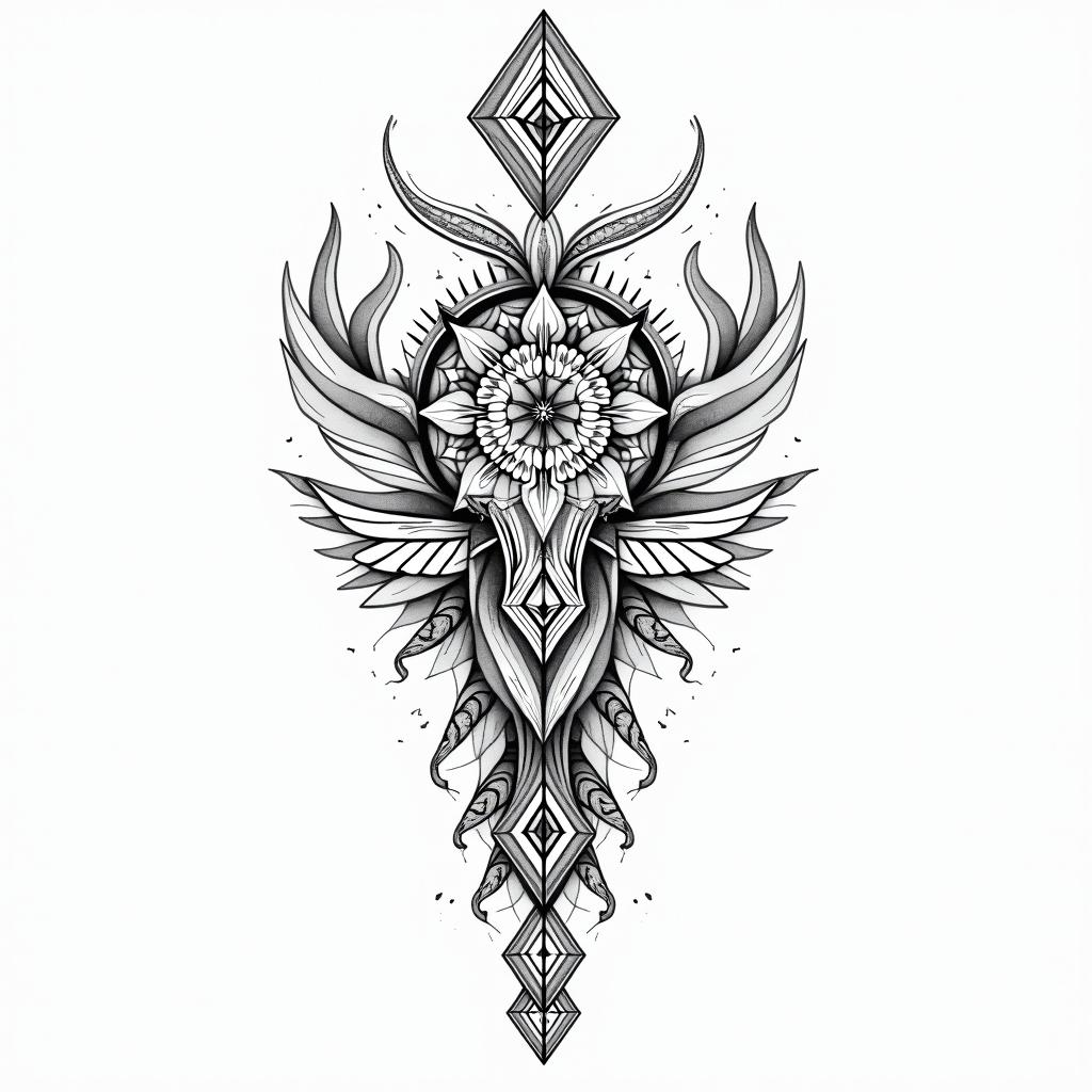 Beautiful and feminine line tattoo for family zodiac signs that include Taurus, Aries, Virgo and Gemini in geometric style tattoo, blending hexagons, mandala-inspired patterns, symmetrical and fractal design, clean lines, sharp angles - Variation 3