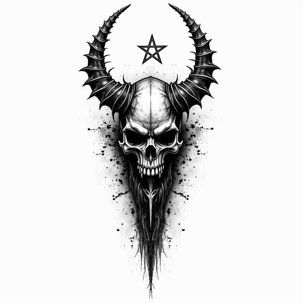 Viking skull complete leg piececreepy horror tattoo style, featuring an eerie and unsettling skull of a demonic creature, distorted face with sharp fangs, add pentagram symbol - Variation 2