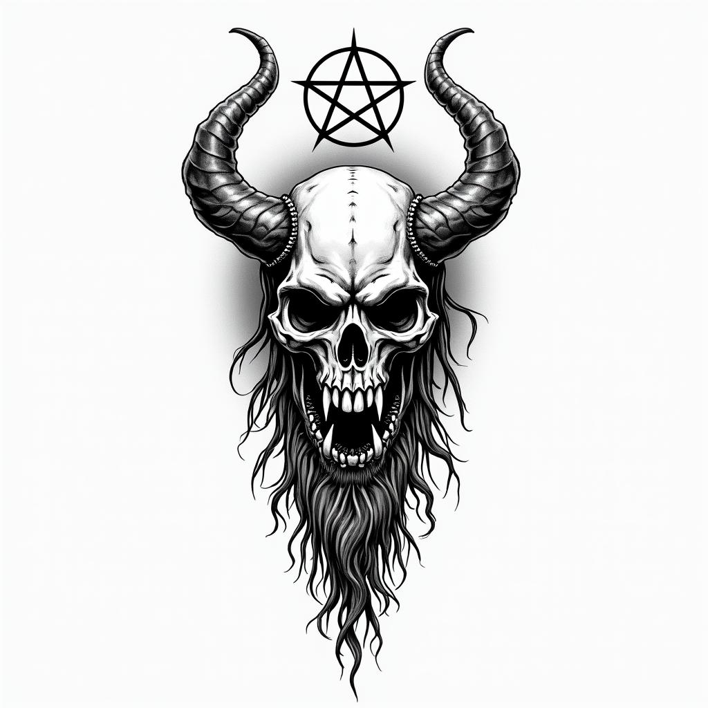 Viking skull complete leg piececreepy horror tattoo style, featuring an eerie and unsettling skull of a demonic creature, distorted face with sharp fangs, add pentagram symbol - Variation 3