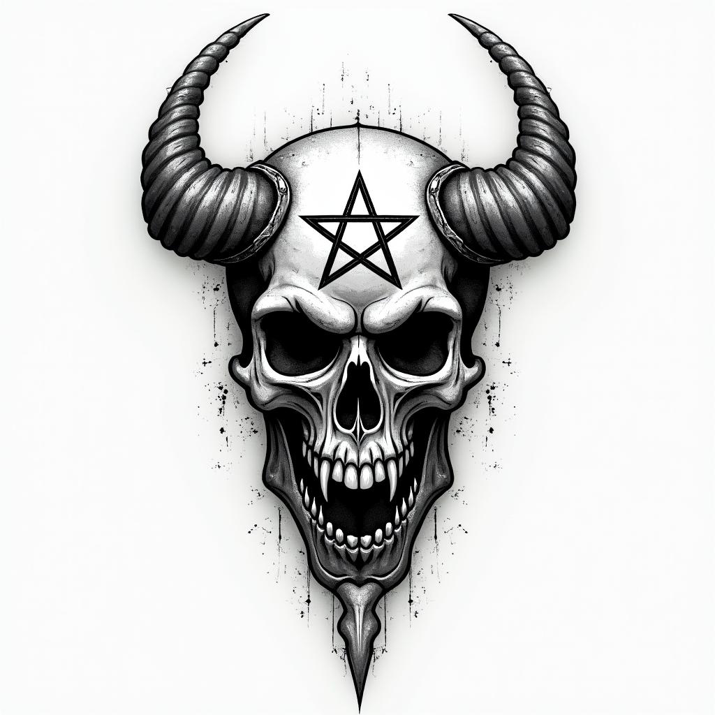 Viking skull complete leg piececreepy horror tattoo style, featuring an eerie and unsettling skull of a demonic creature, distorted face with sharp fangs, add pentagram symbol