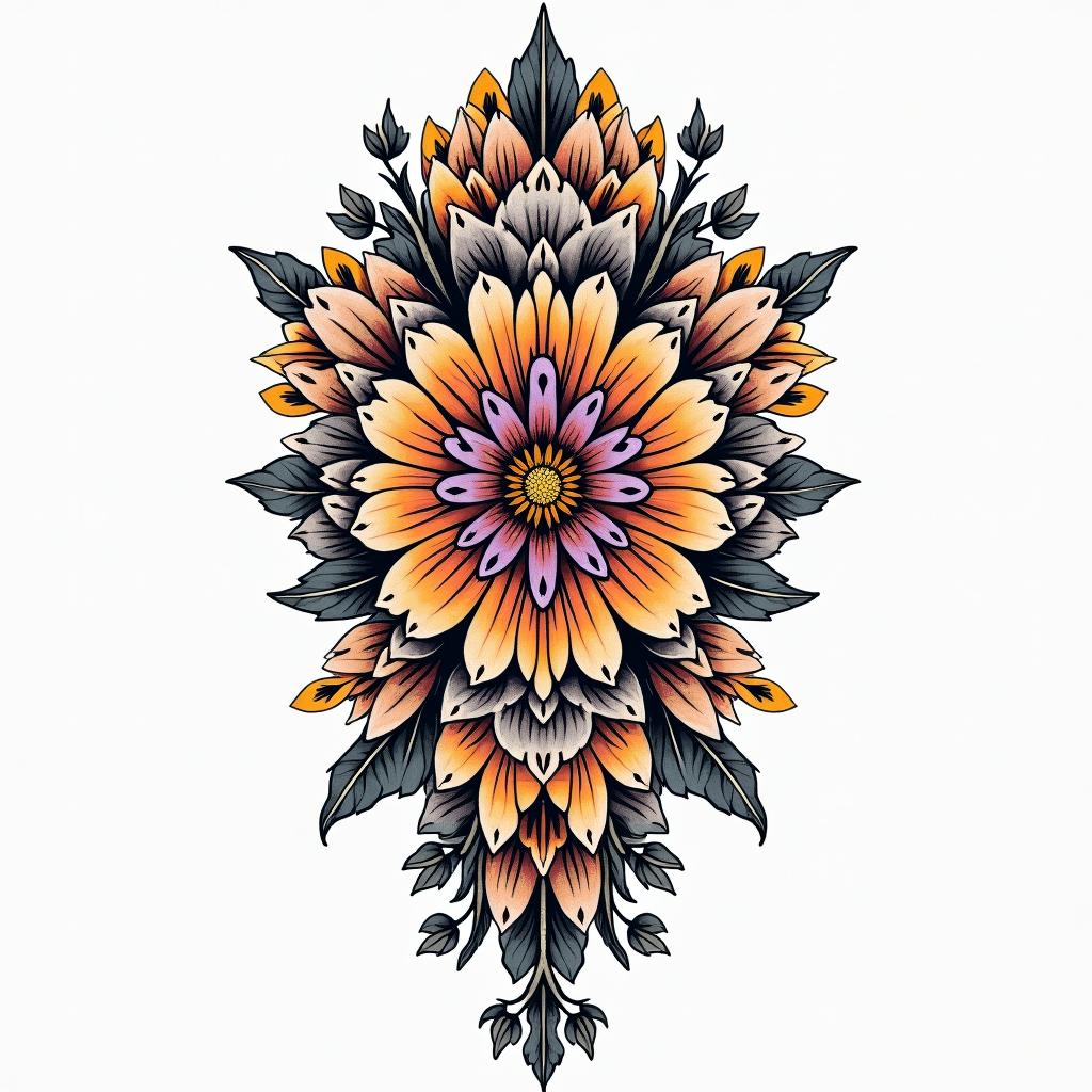 Nichole Farrell, 18/08/1988, Leoin ornamental tattoo style, featuring intricate symmetrical patterns and floral designs, showcasing highly detailed line work and geometric shapes, creating a sense of elegance and balance - Variation 3