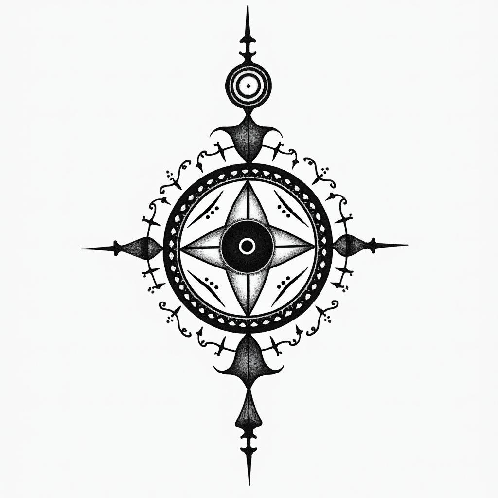 Forgivenessin spiritual symbols tattoo style, featuring an intricate design incorporating elements, Hamsa hand, third eye, minimalist composition