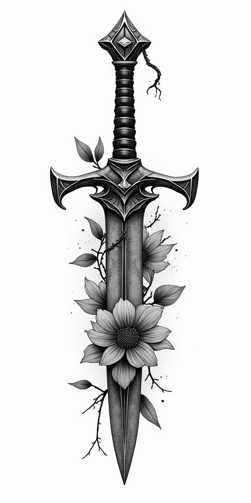 Assassins creed blade mixed with flowers, thorns, vines and bloodin portrait tattoo style, featuring a highly realistic and detailed depiction - Variation 2