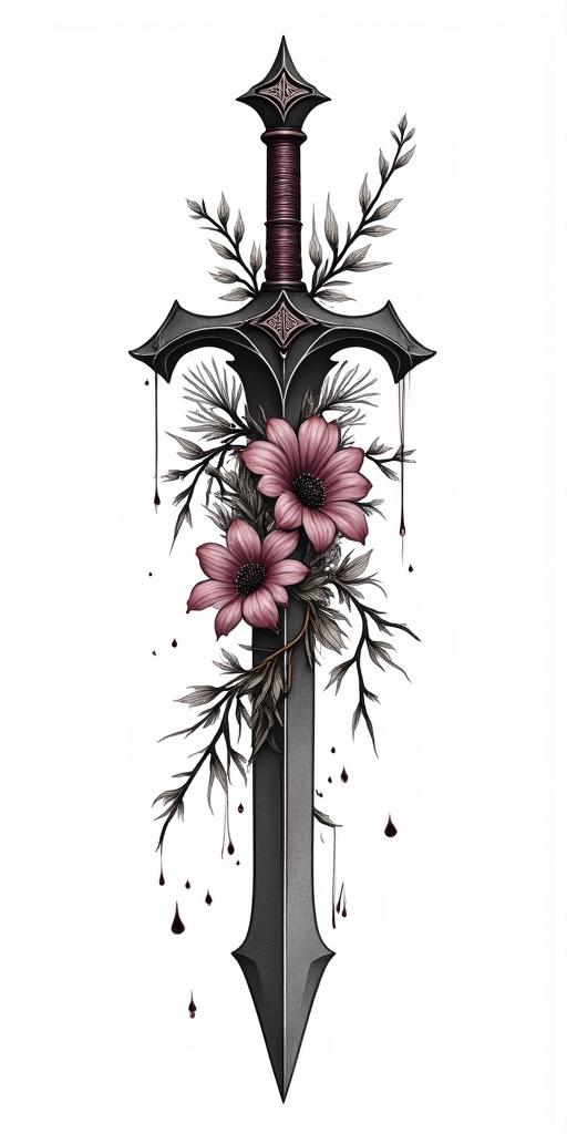 Assassins creed weapon mixed with flowers, thorns, vines and bloodin portrait tattoo style, featuring a highly realistic and detailed depiction  - Variation 2