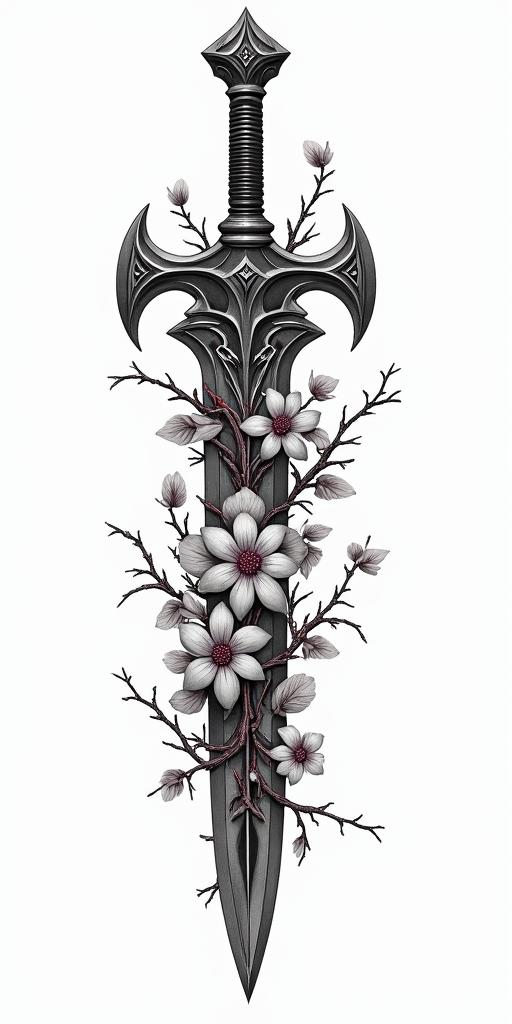 Assassins creed weapon mixed with flowers, thorns, vines and bloodin portrait tattoo style, featuring a highly realistic and detailed depiction  - Variation 6