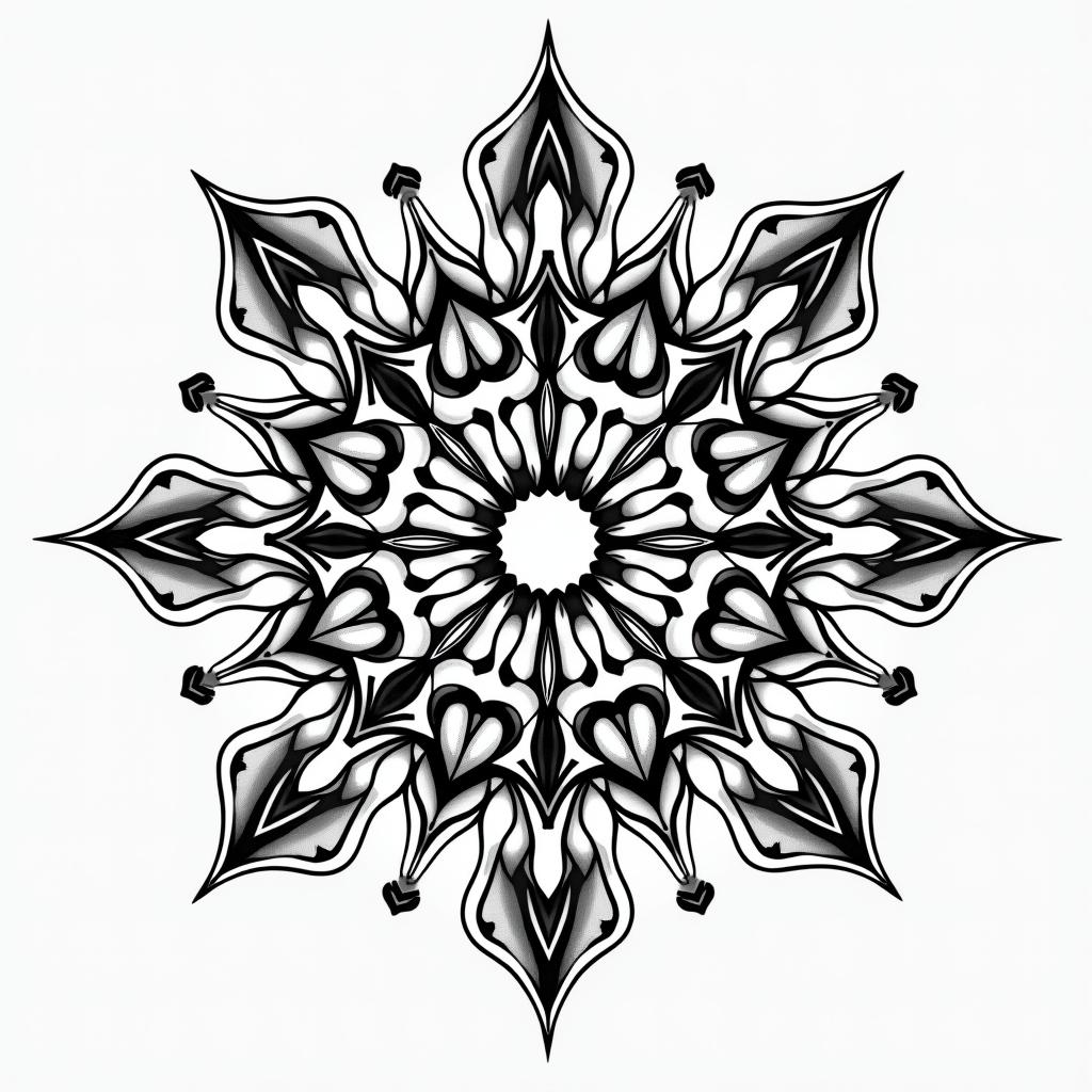 A place of tranquility and peacein dotwork style tattoo, complex mandala patterns, interlocking geometric shapes with sharp symmetry, clean lines, sharp angles
