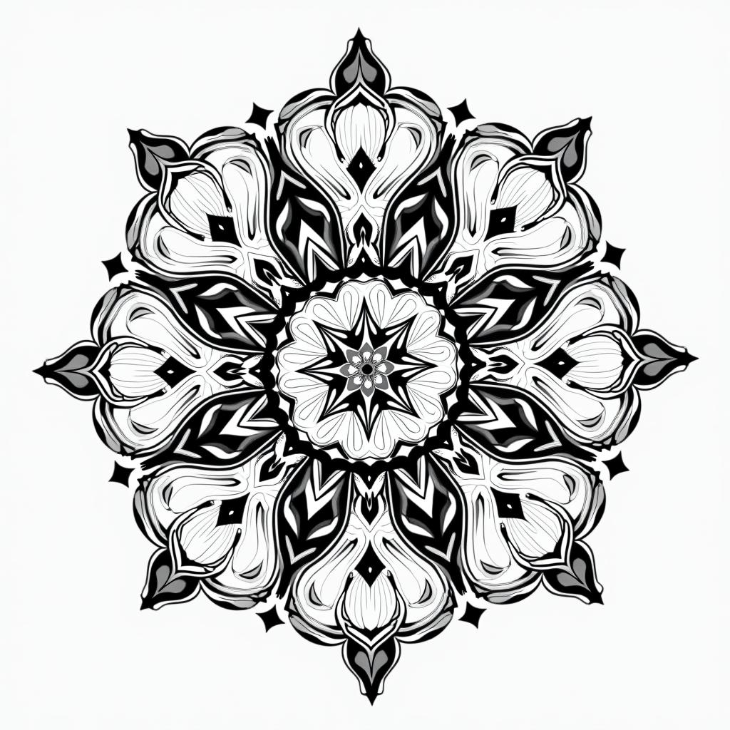 A place of tranquility and peacein dotwork style tattoo, complex mandala patterns, interlocking geometric shapes with sharp symmetry, clean lines, sharp angles - Variation 3