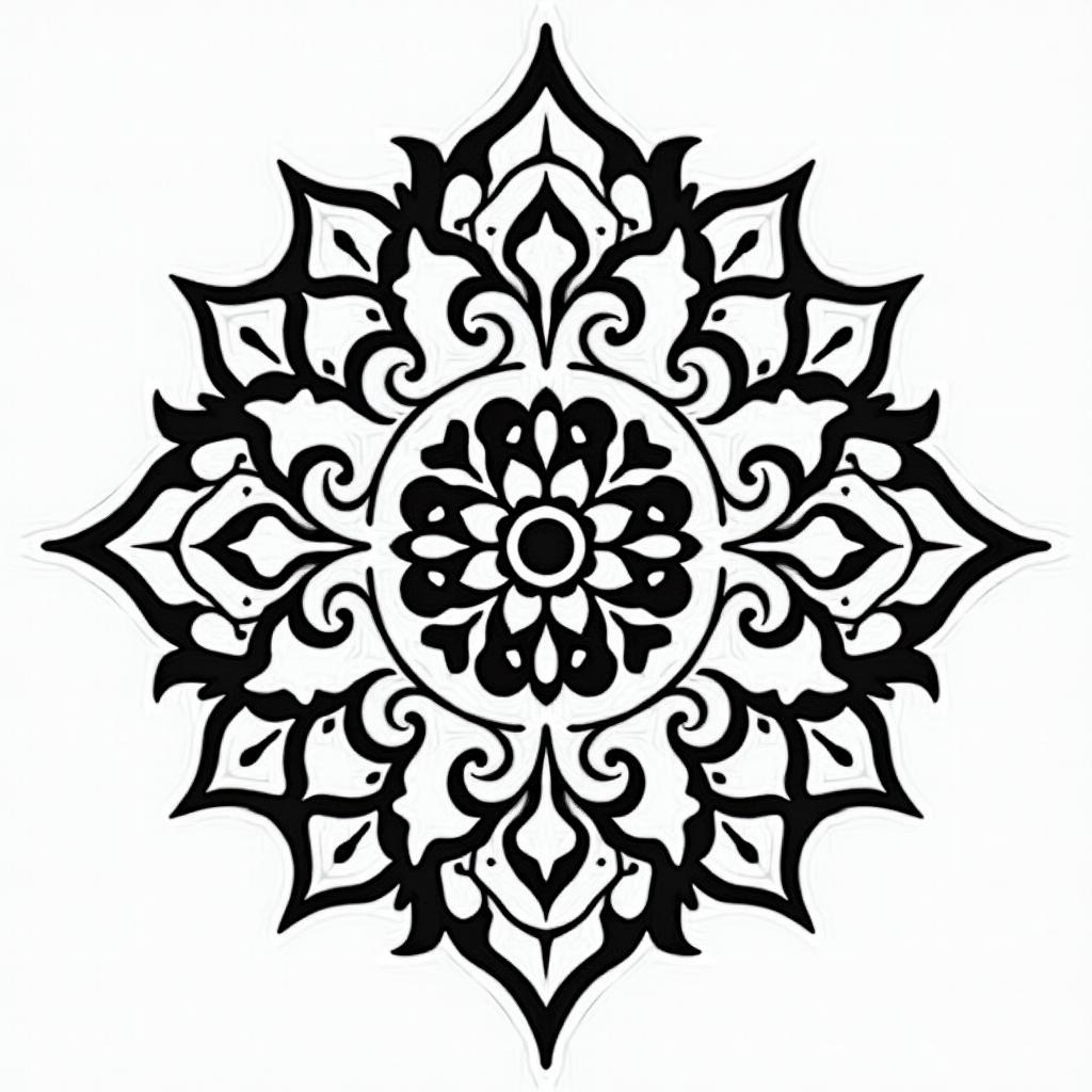 A place of tranquility and peacein dotwork style tattoo, complex mandala patterns, interlocking geometric shapes with sharp symmetry, clean lines, sharp angles - Variation 2