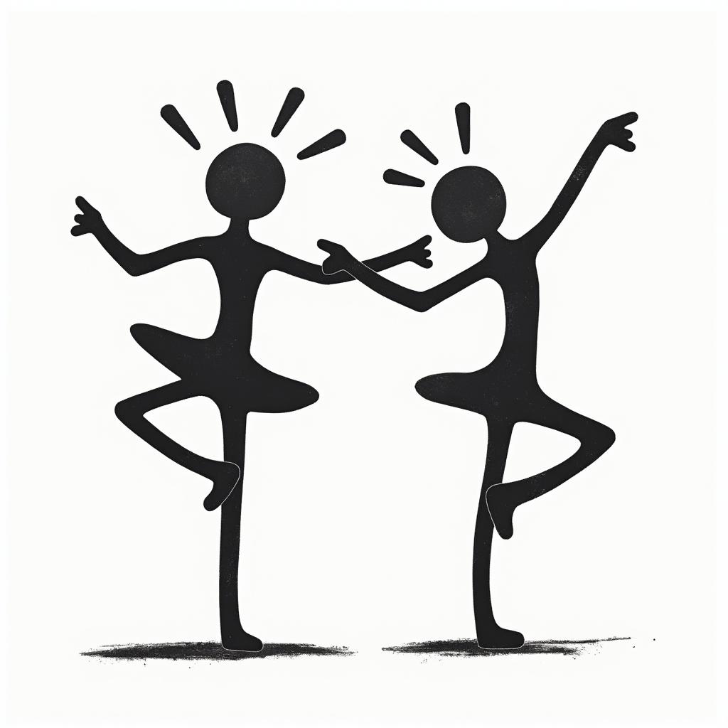 I want the names of my children Kenny and Moïnnie.abstract dancing figures in Keith Haring style, featuring bold black outlines and solid color fills, figures posed in dynamic and playful dance movements, minimalist design - Variation 3