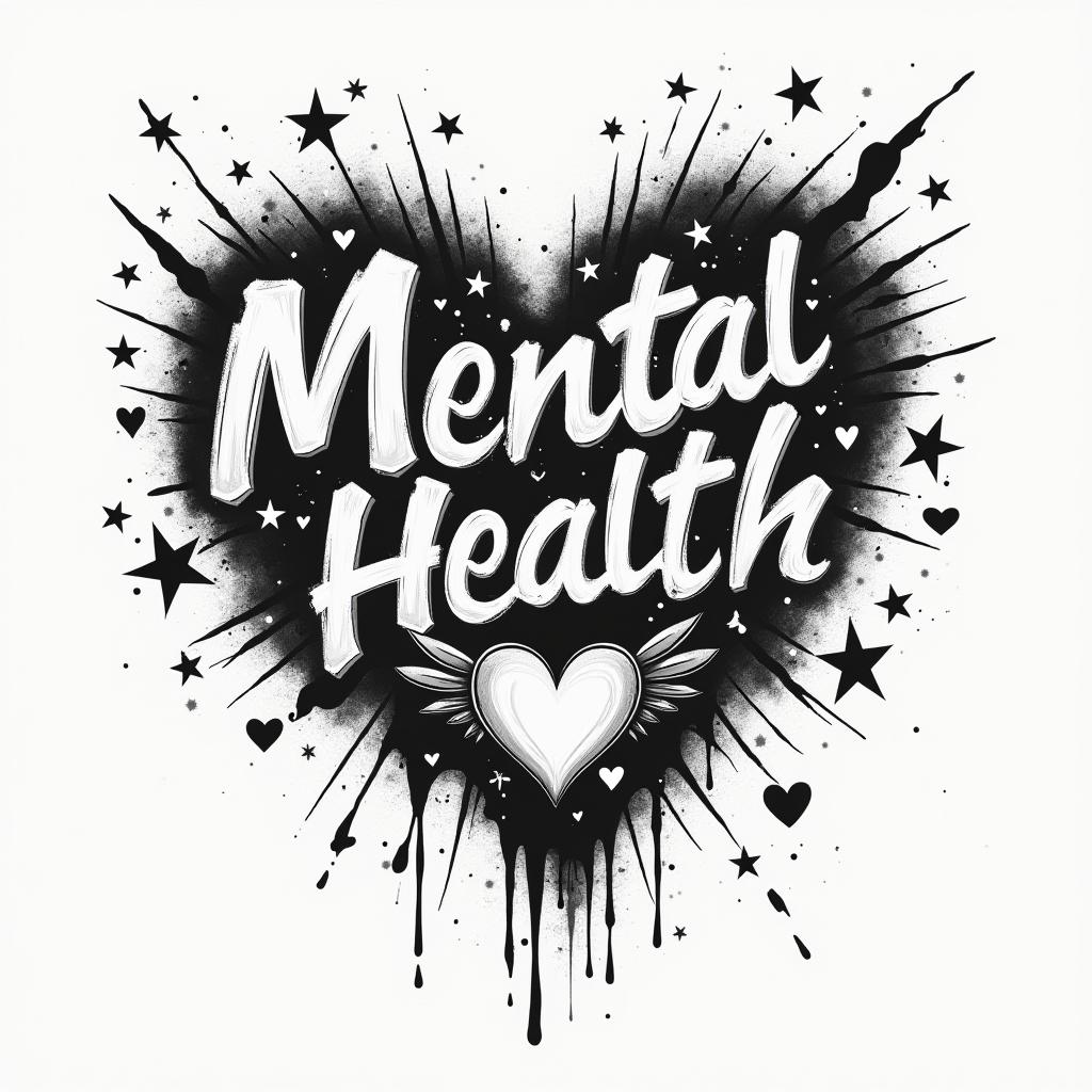 Mental health graffiti artin graffiti style tattoo, featuring bold and dynamic street art elements, spray-paint texture with exaggerated lines and expressive, chaotic brushstrokes, intricate lettering incorporated with graffiti tags, symbols like hearts, stars, and wings
