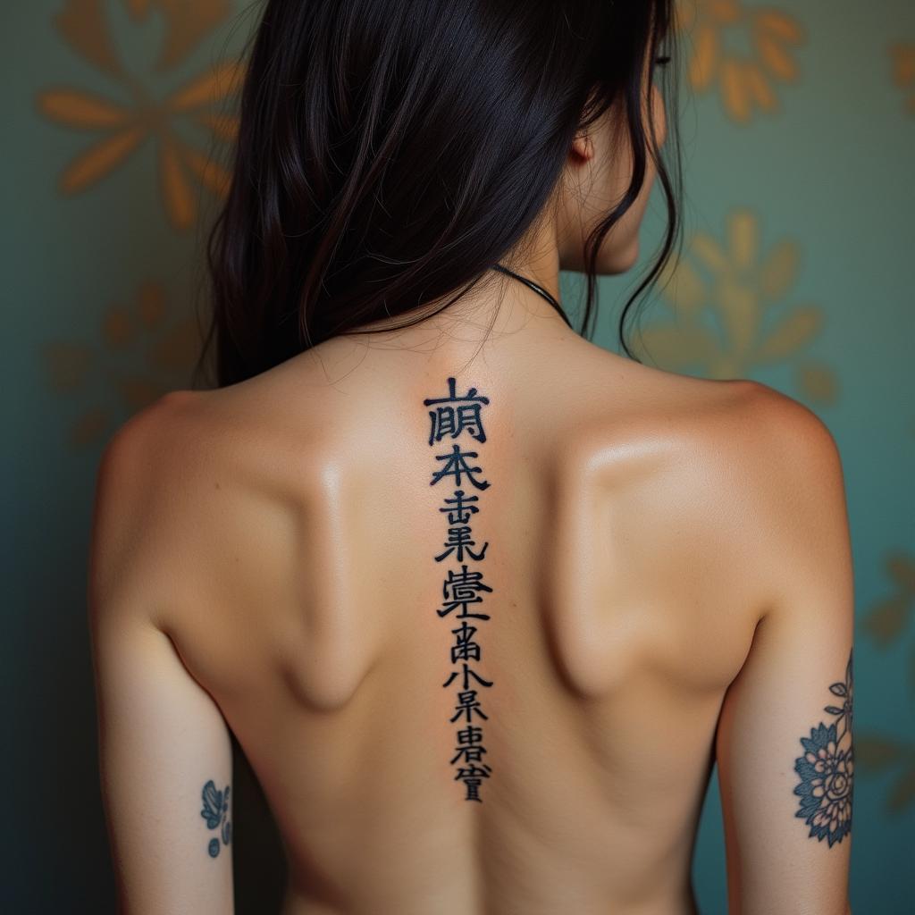 Nichole Farrell, 18/08/1988, Leotext-based tattoo, japanese font ultra-realistic, perfectly placed, high-quality font design, photo-realistic shading, 8k, high quality, finely detailed typograph - Variation 2