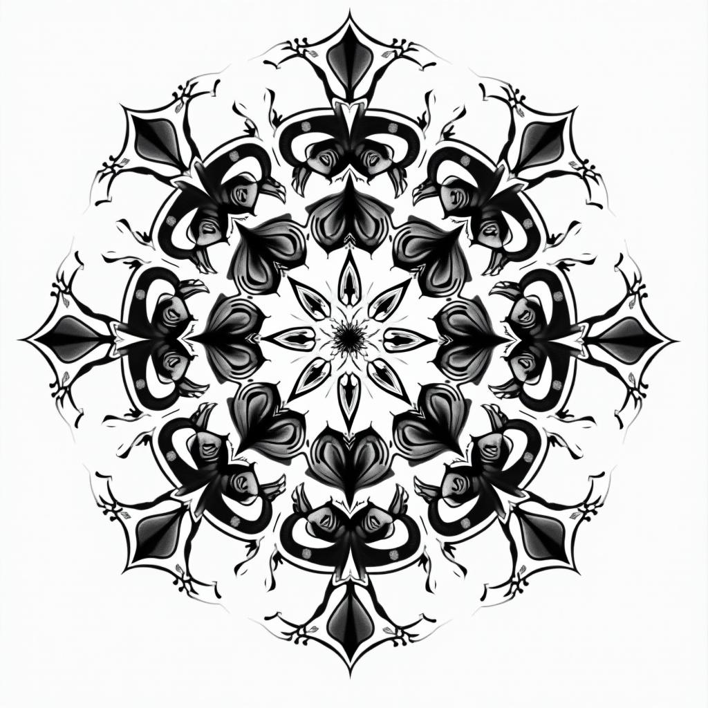 Nothern, fishing, hang around friendsin dotwork style tattoo, complex mandala patterns, interlocking geometric shapes with sharp symmetry, clean lines, sharp angles - Variation 2