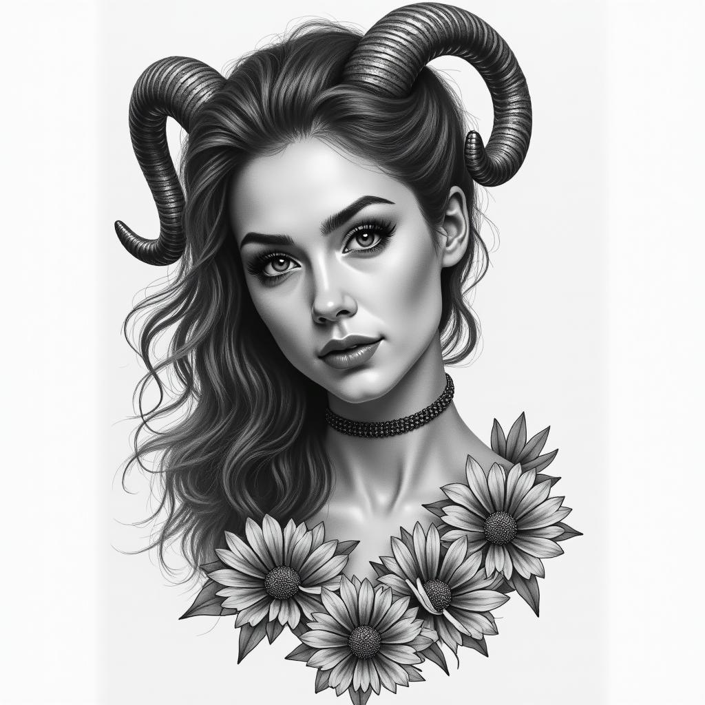 1991, Aries, Marianain portrait tattoo style, featuring a highly realistic and detailed depiction 