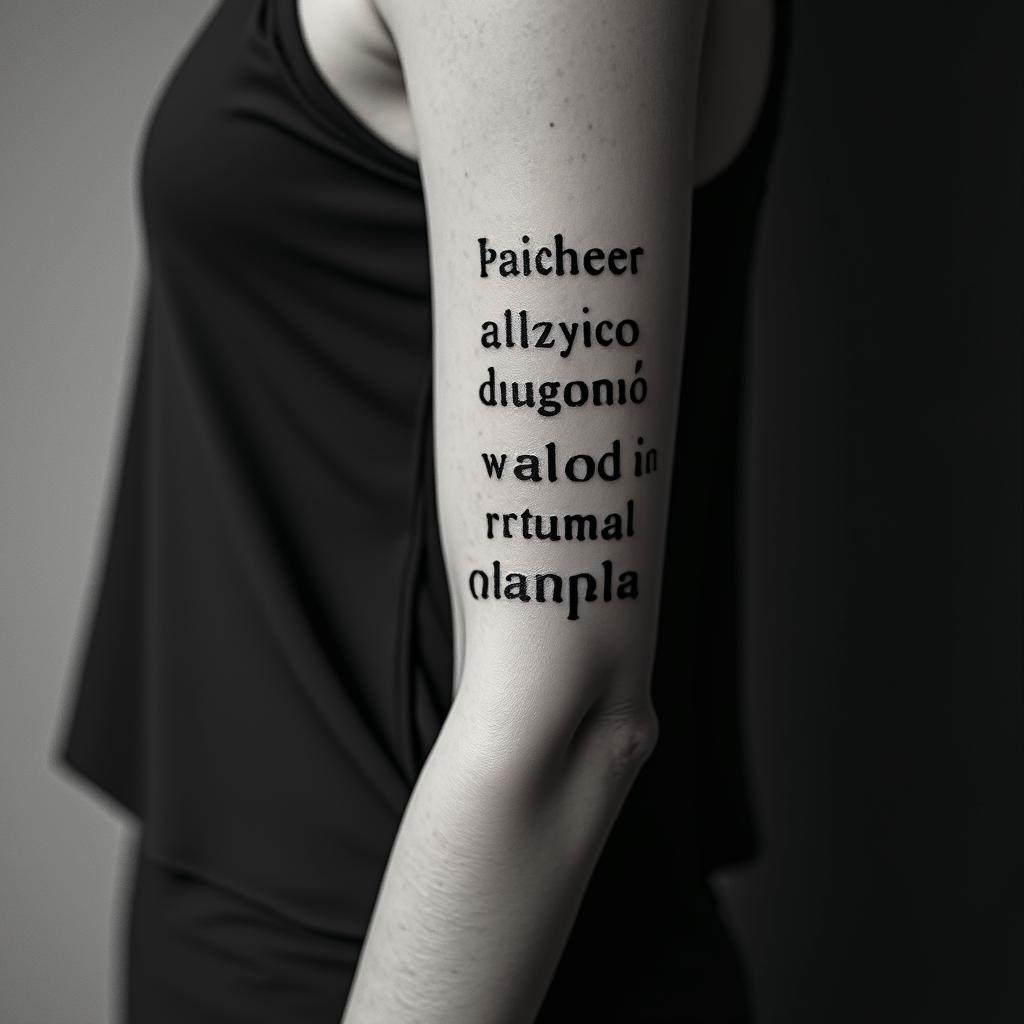 Raffaëlminimalist text-based tattoo, Monospace font ultra-realistic, perfectly placed, high-quality font design, photo-realistic shading, 8k, high quality, finely detailed typograph