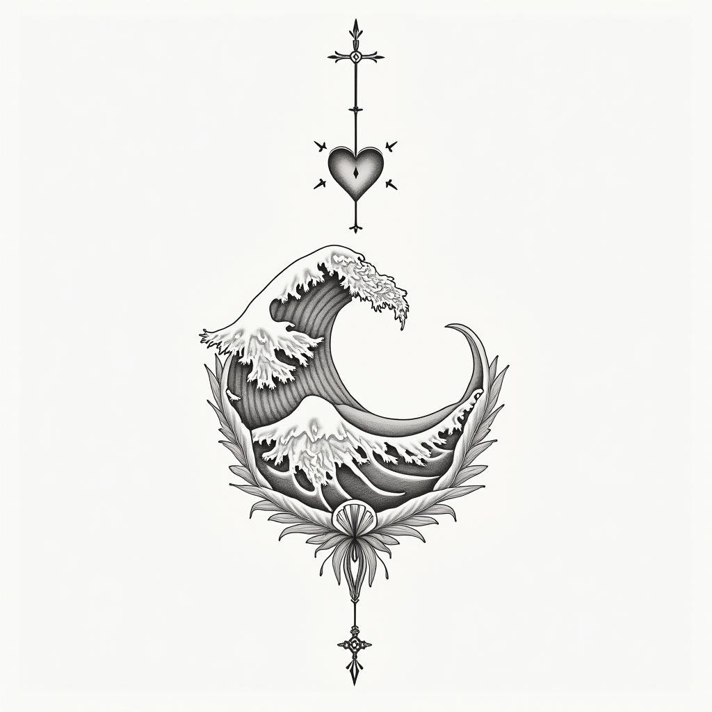 65°3′25″N 20°2′7″Öin Modest style tattoo, featuring soft, delicate line work with simple and meaningful symbols, gentle waves, a heart, evoking a sense of serenity and grace, - Variation 4