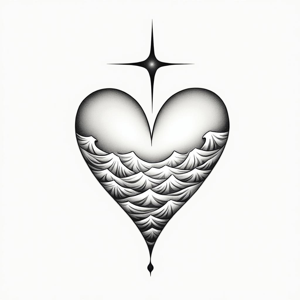 65°3′25″N 20°2′7″Öin Modest style tattoo, featuring soft, delicate line work with simple and meaningful symbols, gentle waves, a heart, evoking a sense of serenity and grace, - Variation 2