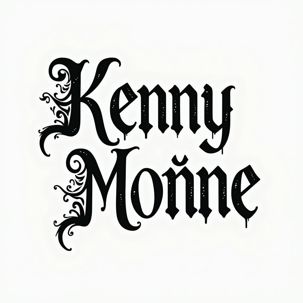 I want the names of my children Kenny and Moïnnie.text-based tattoo, gothic font ultra-realistic, perfectly placed, high-quality font design, photo-realistic shading, 8k, high quality, finely detailed typography