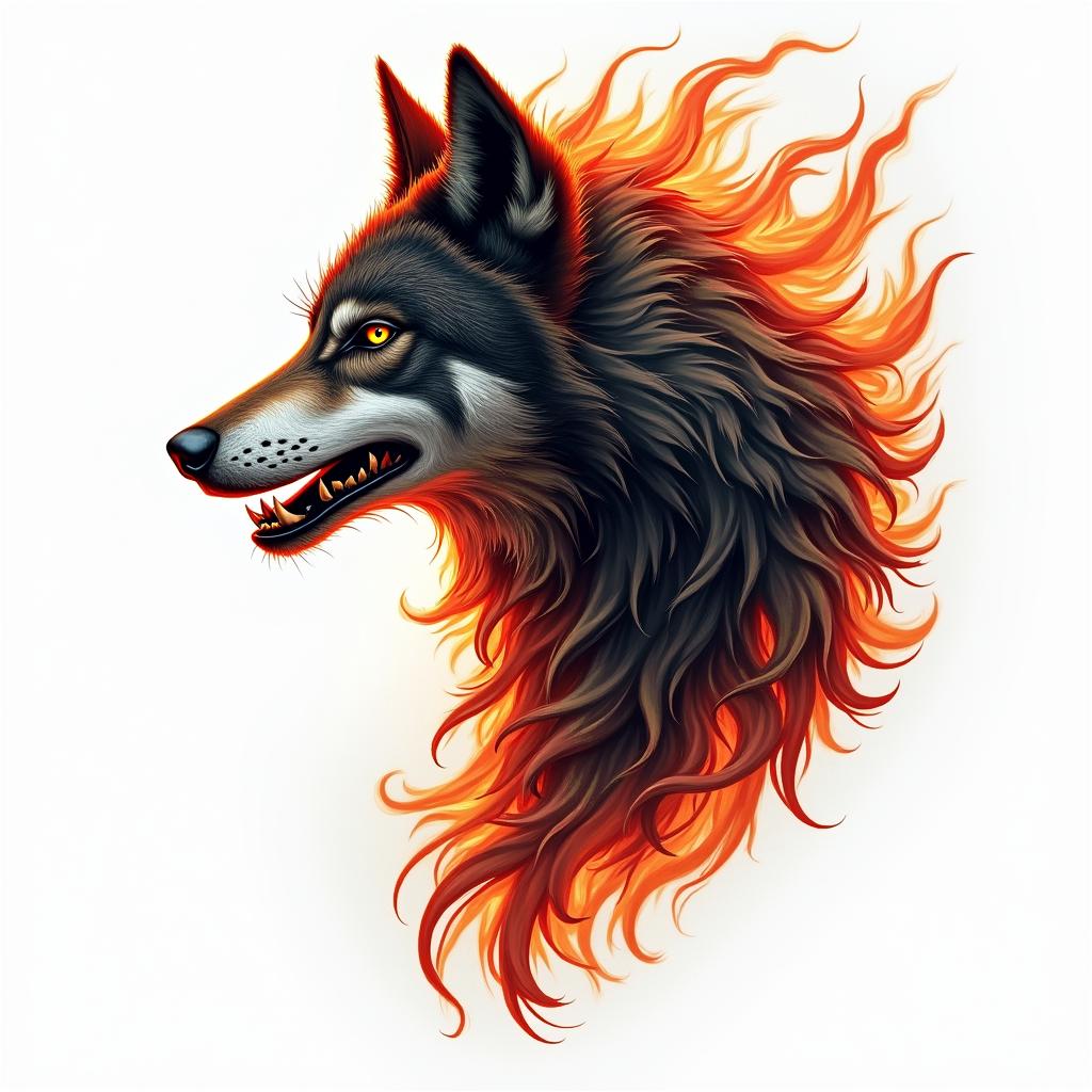 Tribal wolf evilin flame tattoo style showcasing fiery elements with dynamic flame patterns, glowing effect of flames, natural colors - Variation 4