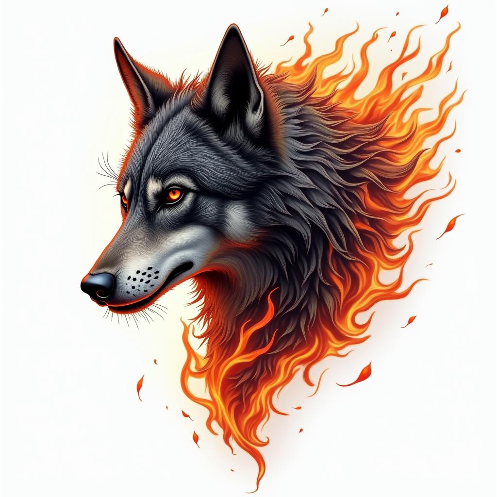 Tribal wolf evilin flame tattoo style showcasing fiery elements with dynamic flame patterns, glowing effect of flames, natural colors