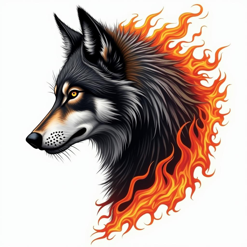 Tribal wolf evilin flame tattoo style showcasing fiery elements with dynamic flame patterns, glowing effect of flames, natural colors - Variation 3