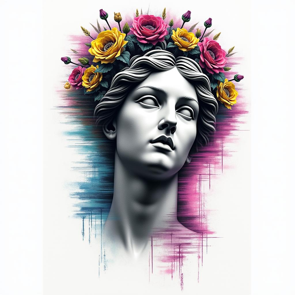 Dreamcatcherin distorted and fragmented tattoo design, featuring a classical statue bust, in a glitch art style with vibrant, overlapping colors of cyan, magenta, and yellow, creating a digital distortion effect - Variation 2