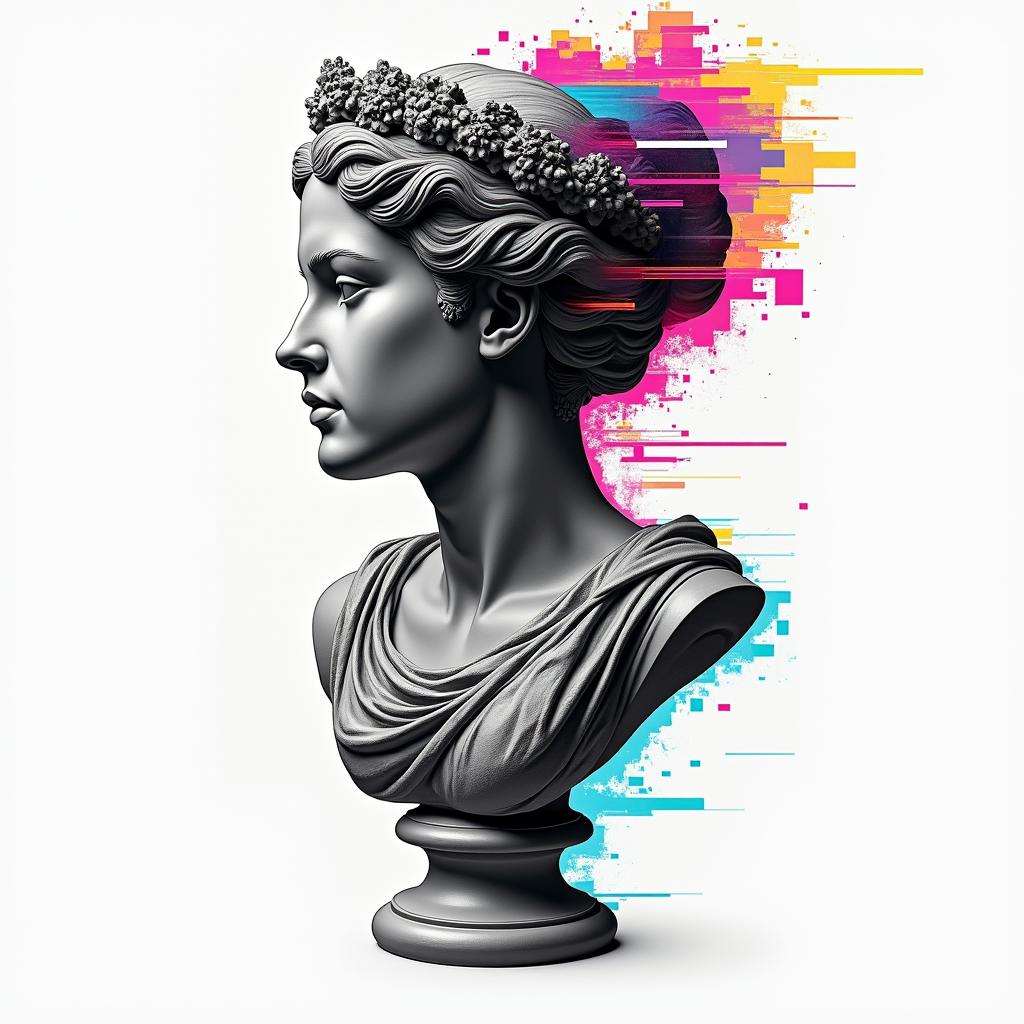Dreamcatcherin distorted and fragmented tattoo design, featuring a classical statue bust, in a glitch art style with vibrant, overlapping colors of cyan, magenta, and yellow, creating a digital distortion effect