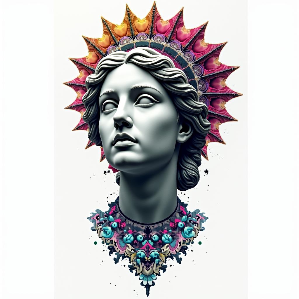 Dreamcatcherin distorted and fragmented tattoo design, featuring a classical statue bust, in a glitch art style with vibrant, overlapping colors of cyan, magenta, and yellow, creating a digital distortion effect - Variation 4