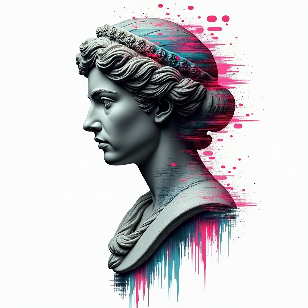 Dreamcatcherin distorted and fragmented tattoo design, featuring a classical statue bust, in a glitch art style with vibrant, overlapping colors of cyan, magenta, and yellow, creating a digital distortion effect - Variation 3
