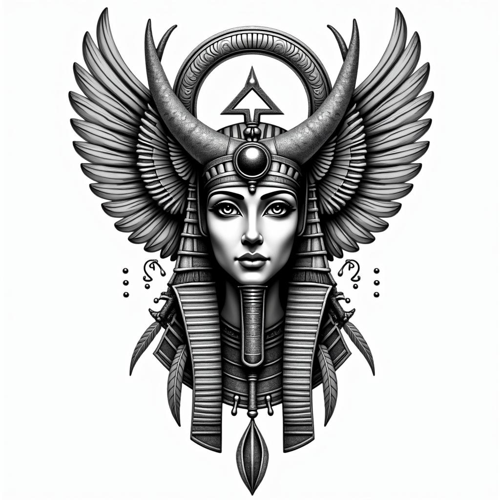 Dreamcatcher with feathersin egyptian style tattoo, bold elements of ancient egyptian culture including a portrait of an Egyptian pharaoh with detailed facial features, in hieroglyphs and symbolic imagery, eye of horus, ankh symbol, scarab beetle - Variation 4